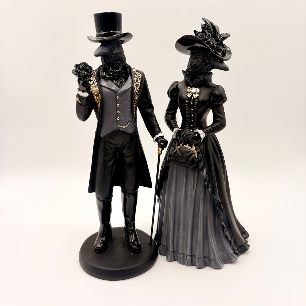 Victorian Gothic Raven Couple Halloween Figurines Black Gold Resin Crow Statues